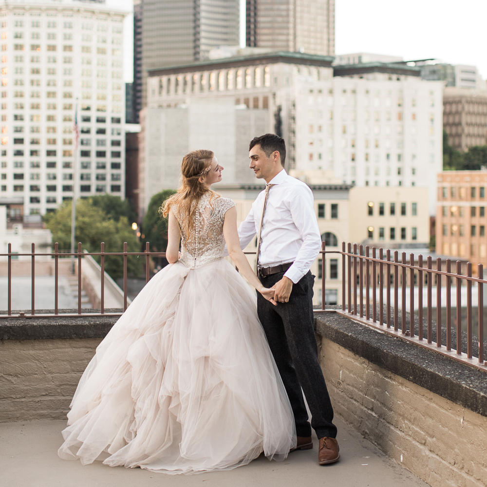 Seattle rooftop wedding photos in Pioneer Square in Seattle, WA