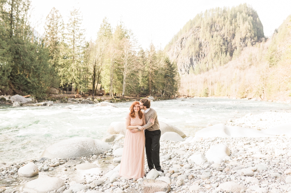 An engaged couple embraces during their Steven’s Pass engagement shoot for their dreamy DIY wedding at Dairyland in Snohomish, a wedding venue near Seattle. | Joanna Monger Photography | Snohomish & Seattle Photographer